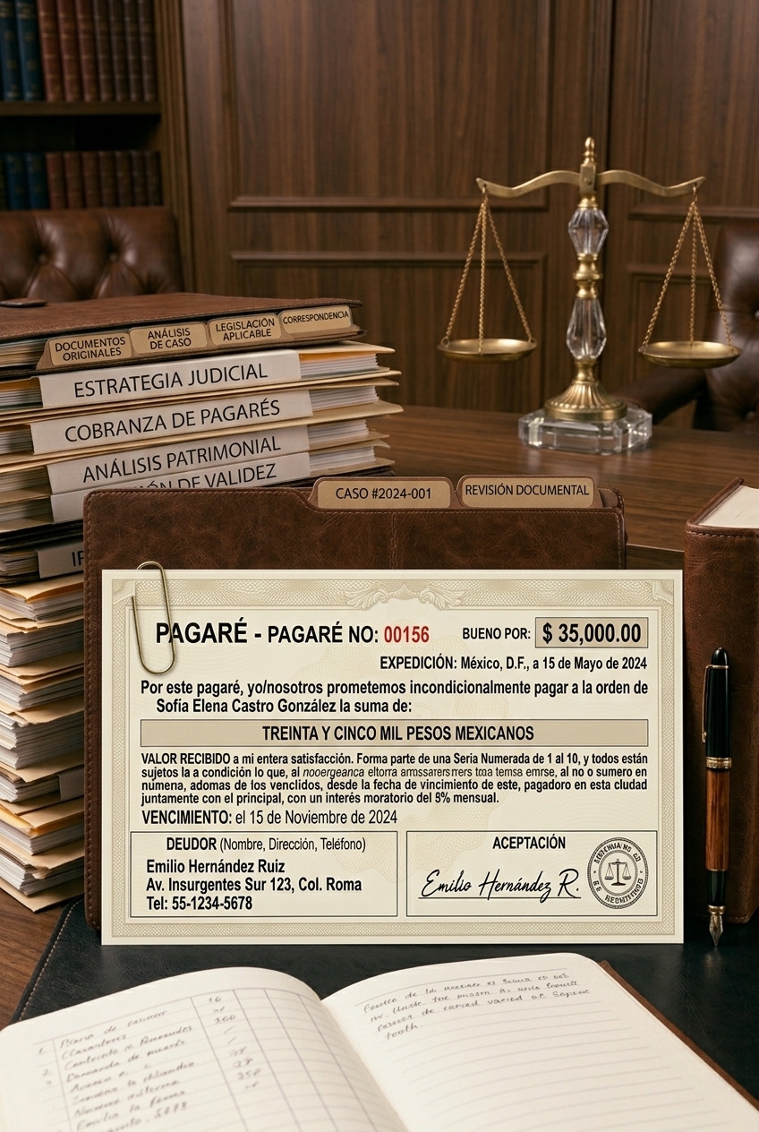 Pagaré original junto a expediente de cobranza y balanza de la justicia en el despacho